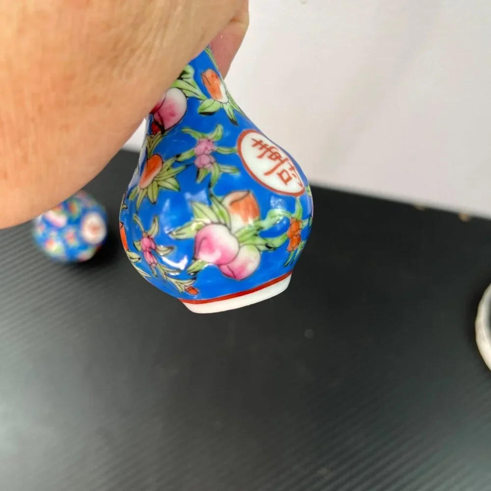 Pair Of Mini Chinese Porcelain Vases Floral Motif & Calligraphy Multicolor 3”